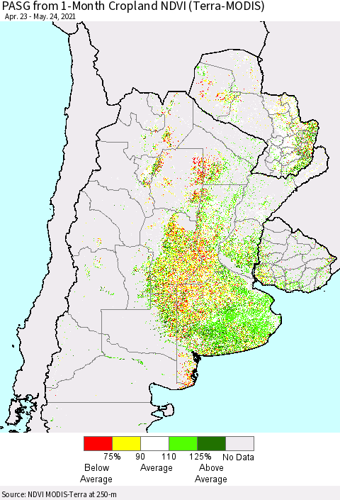 Southern South America PASG from 1-Month Cropland NDVI (Terra-MODIS) Thematic Map For 5/17/2021 - 5/24/2021