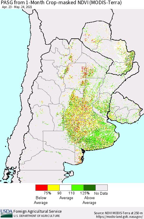 Southern South America PASG from 1-Month Cropland NDVI (Terra-MODIS) Thematic Map For 5/21/2021 - 5/31/2021