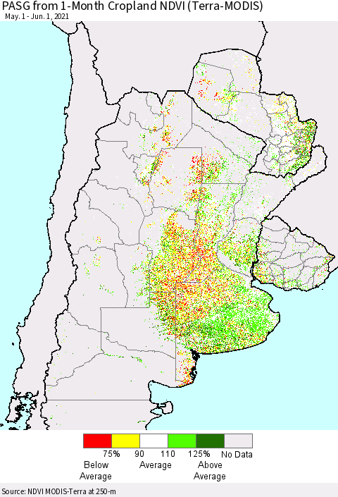 Southern South America PASG from 1-Month Cropland NDVI (Terra-MODIS) Thematic Map For 5/25/2021 - 6/1/2021