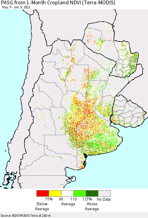 Southern South America PASG from 1-Month Cropland NDVI (Terra-MODIS) Thematic Map For 6/2/2021 - 6/9/2021