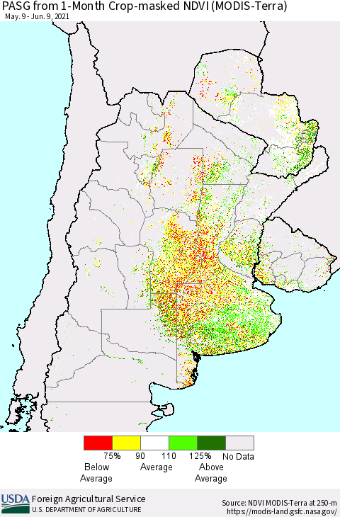 Southern South America PASG from 1-Month Cropland NDVI (Terra-MODIS) Thematic Map For 6/1/2021 - 6/10/2021