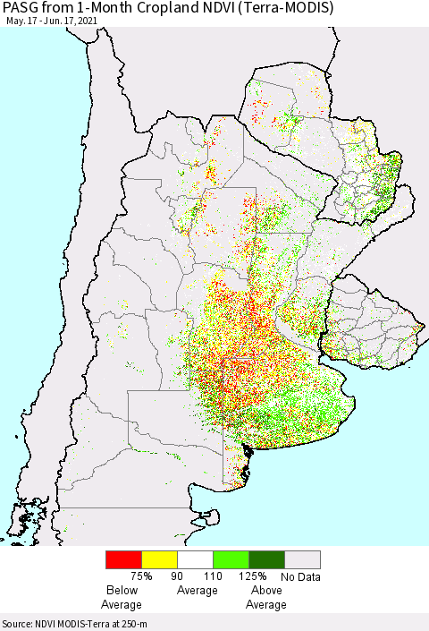 Southern South America PASG from 1-Month Cropland NDVI (Terra-MODIS) Thematic Map For 6/10/2021 - 6/17/2021