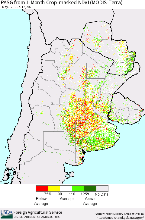 Southern South America PASG from 1-Month Cropland NDVI (Terra-MODIS) Thematic Map For 6/11/2021 - 6/20/2021