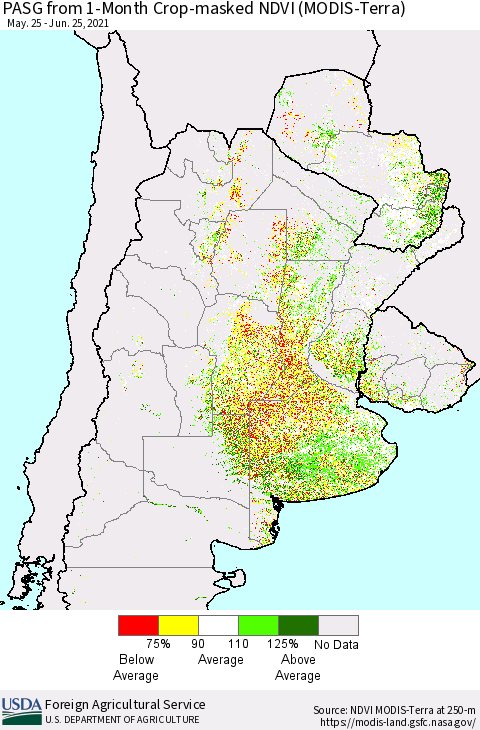 Southern South America PASG from 1-Month Cropland NDVI (Terra-MODIS) Thematic Map For 6/21/2021 - 6/30/2021