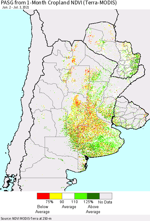Southern South America PASG from 1-Month Cropland NDVI (Terra-MODIS) Thematic Map For 6/26/2021 - 7/3/2021