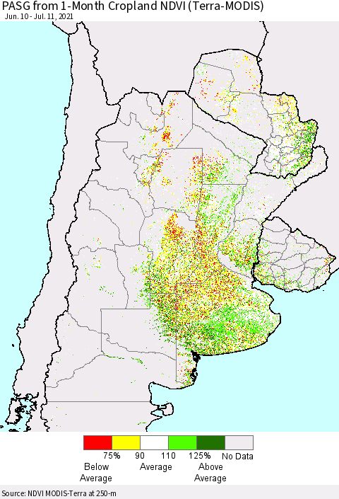 Southern South America PASG from 1-Month Cropland NDVI (Terra-MODIS) Thematic Map For 7/4/2021 - 7/11/2021