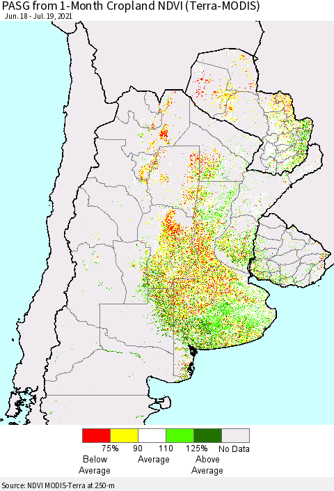 Southern South America PASG from 1-Month Cropland NDVI (Terra-MODIS) Thematic Map For 7/12/2021 - 7/19/2021