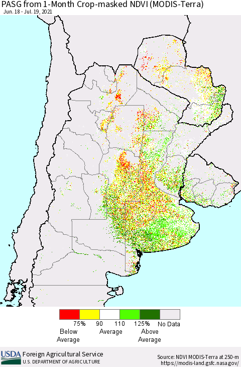 Southern South America PASG from 1-Month Cropland NDVI (Terra-MODIS) Thematic Map For 7/11/2021 - 7/20/2021