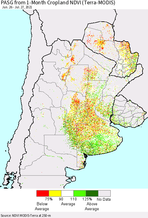 Southern South America PASG from 1-Month Cropland NDVI (Terra-MODIS) Thematic Map For 7/20/2021 - 7/27/2021