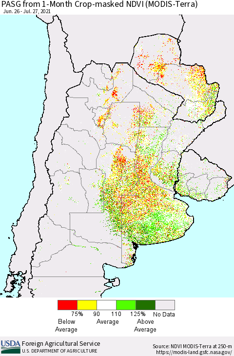 Southern South America PASG from 1-Month Cropland NDVI (Terra-MODIS) Thematic Map For 7/21/2021 - 7/31/2021