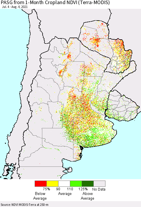 Southern South America PASG from 1-Month Cropland NDVI (Terra-MODIS) Thematic Map For 7/28/2021 - 8/4/2021