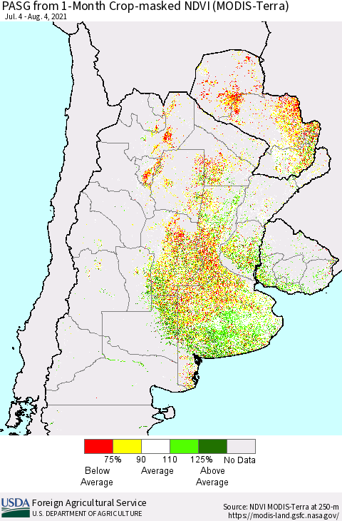 Southern South America PASG from 1-Month Cropland NDVI (Terra-MODIS) Thematic Map For 8/1/2021 - 8/10/2021