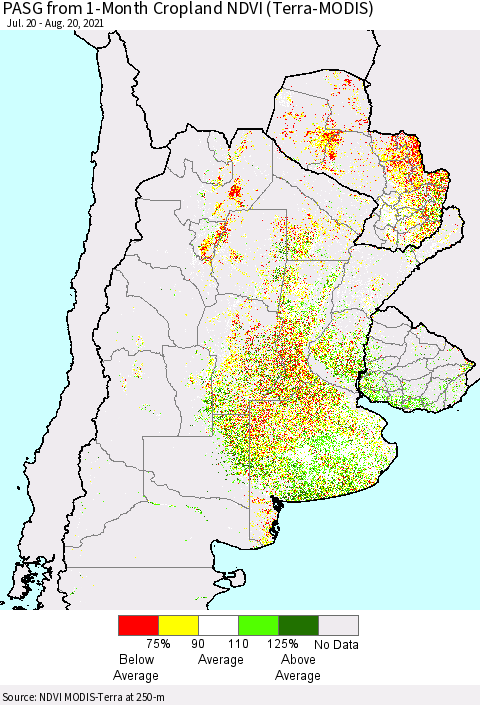 Southern South America PASG from 1-Month Cropland NDVI (Terra-MODIS) Thematic Map For 8/11/2021 - 8/20/2021