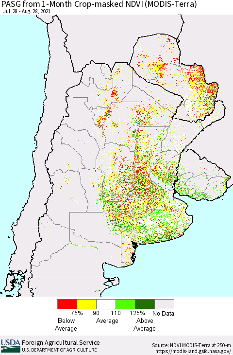 Southern South America PASG from 1-Month Cropland NDVI (Terra-MODIS) Thematic Map For 8/21/2021 - 8/31/2021