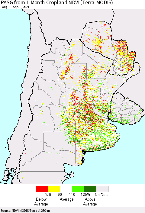 Southern South America PASG from 1-Month Cropland NDVI (Terra-MODIS) Thematic Map For 8/29/2021 - 9/5/2021