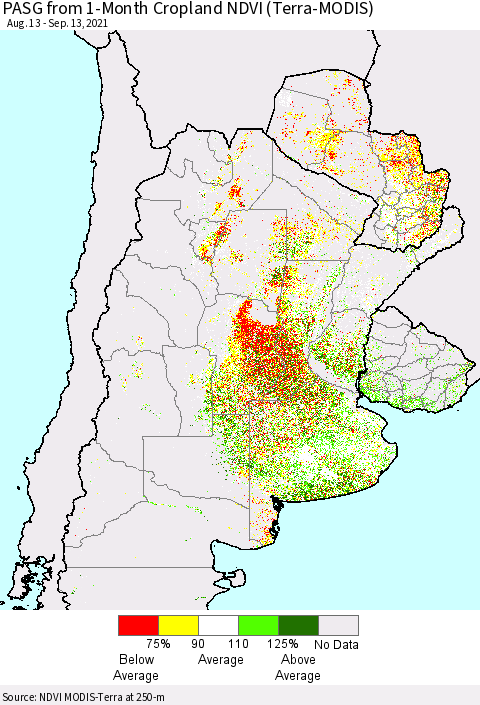 Southern South America PASG from 1-Month Cropland NDVI (Terra-MODIS) Thematic Map For 9/6/2021 - 9/13/2021