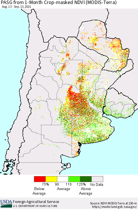 Southern South America PASG from 1-Month Cropland NDVI (Terra-MODIS) Thematic Map For 9/11/2021 - 9/20/2021