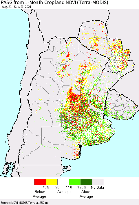 Southern South America PASG from 1-Month Cropland NDVI (Terra-MODIS) Thematic Map For 9/14/2021 - 9/21/2021