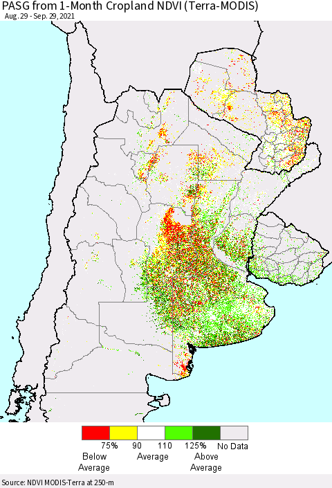Southern South America PASG from 1-Month Cropland NDVI (Terra-MODIS) Thematic Map For 9/22/2021 - 9/29/2021