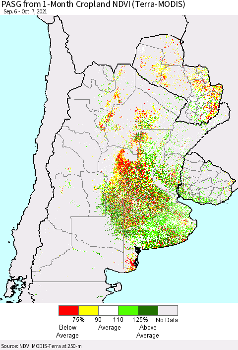 Southern South America PASG from 1-Month Cropland NDVI (Terra-MODIS) Thematic Map For 9/30/2021 - 10/7/2021