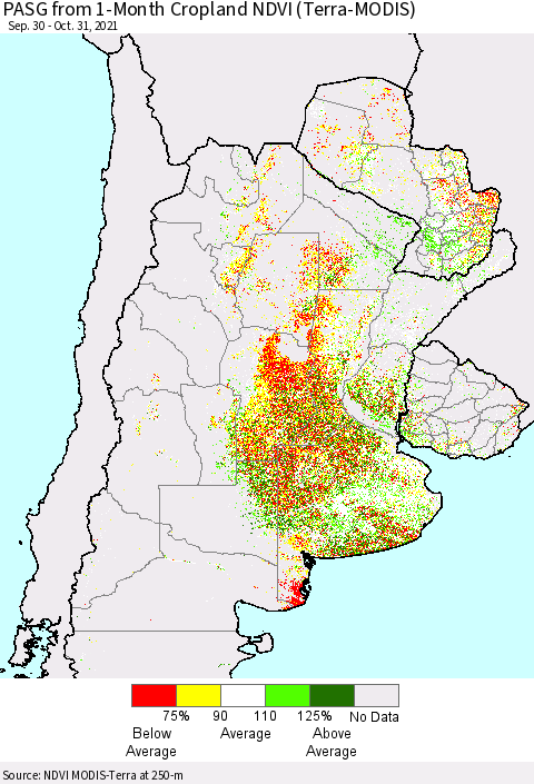 Southern South America PASG from 1-Month Cropland NDVI (Terra-MODIS) Thematic Map For 10/24/2021 - 10/31/2021