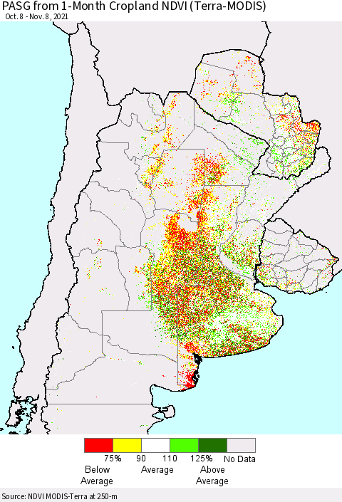Southern South America PASG from 1-Month Cropland NDVI (Terra-MODIS) Thematic Map For 11/1/2021 - 11/8/2021