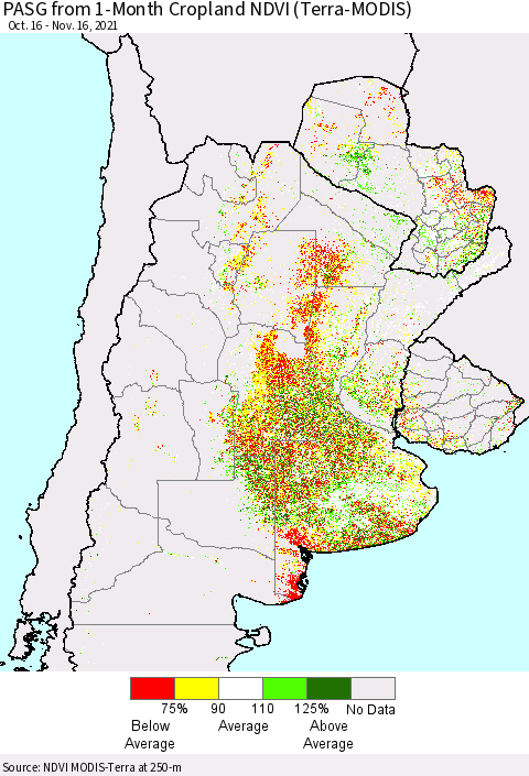 Southern South America PASG from 1-Month Cropland NDVI (Terra-MODIS) Thematic Map For 11/9/2021 - 11/16/2021
