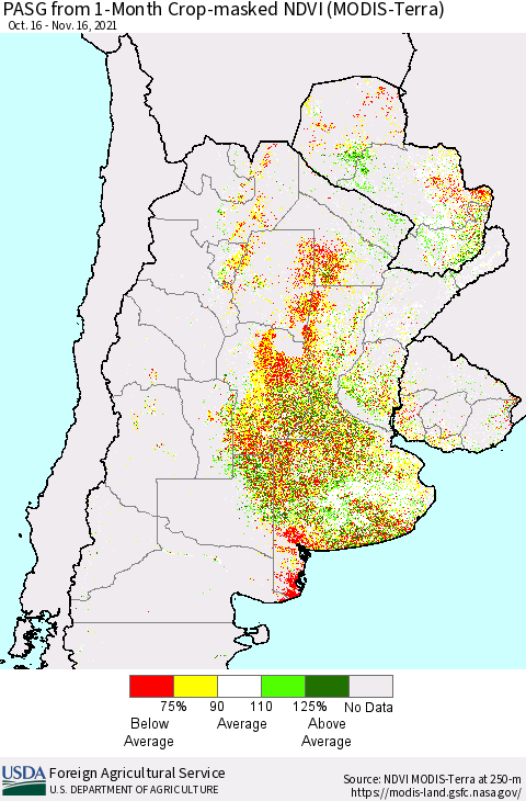 Southern South America PASG from 1-Month Cropland NDVI (Terra-MODIS) Thematic Map For 11/11/2021 - 11/20/2021