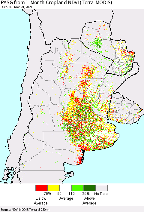 Southern South America PASG from 1-Month Cropland NDVI (Terra-MODIS) Thematic Map For 11/17/2021 - 11/24/2021