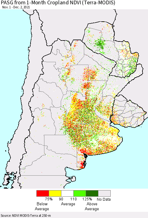 Southern South America PASG from 1-Month Cropland NDVI (Terra-MODIS) Thematic Map For 11/25/2021 - 12/2/2021