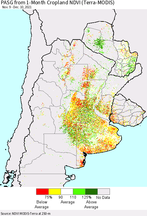 Southern South America PASG from 1-Month Cropland NDVI (Terra-MODIS) Thematic Map For 12/1/2021 - 12/10/2021