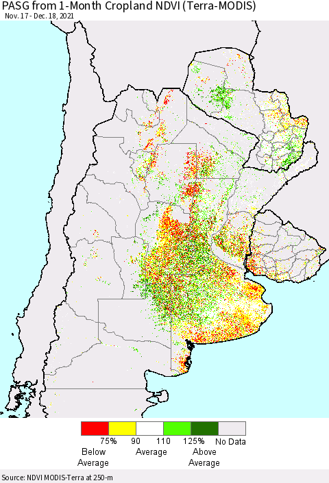 Southern South America PASG from 1-Month Cropland NDVI (Terra-MODIS) Thematic Map For 12/11/2021 - 12/18/2021