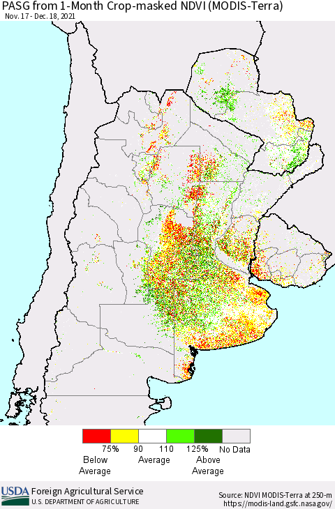 Southern South America PASG from 1-Month Cropland NDVI (Terra-MODIS) Thematic Map For 12/11/2021 - 12/20/2021