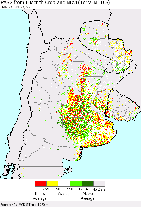 Southern South America PASG from 1-Month Cropland NDVI (Terra-MODIS) Thematic Map For 12/19/2021 - 12/26/2021