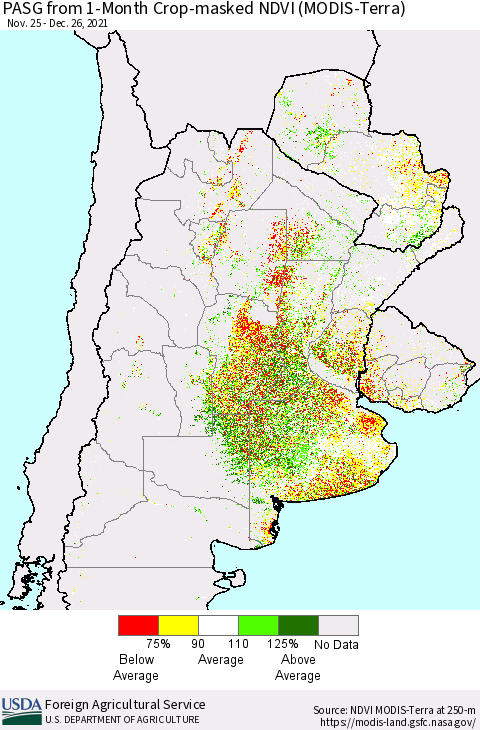 Southern South America PASG from 1-Month Cropland NDVI (Terra-MODIS) Thematic Map For 12/21/2021 - 12/31/2021
