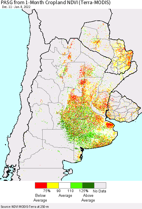 Southern South America PASG from 1-Month Cropland NDVI (Terra-MODIS) Thematic Map For 1/1/2022 - 1/8/2022