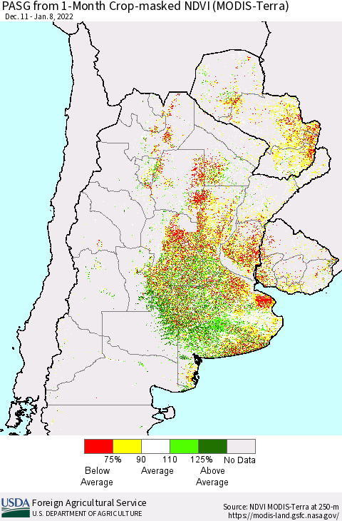 Southern South America PASG from 1-Month Cropland NDVI (Terra-MODIS) Thematic Map For 1/1/2022 - 1/10/2022