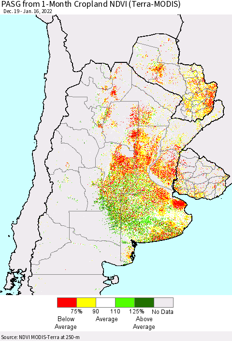 Southern South America PASG from 1-Month Cropland NDVI (Terra-MODIS) Thematic Map For 1/9/2022 - 1/16/2022