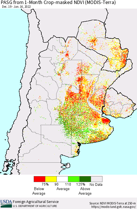 Southern South America PASG from 1-Month Cropland NDVI (Terra-MODIS) Thematic Map For 1/11/2022 - 1/20/2022