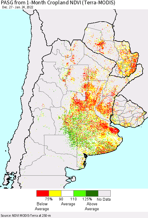 Southern South America PASG from 1-Month Cropland NDVI (Terra-MODIS) Thematic Map For 1/17/2022 - 1/24/2022