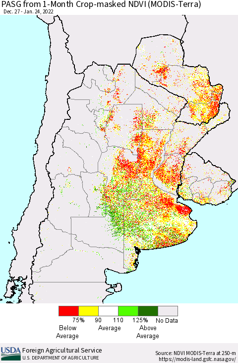 Southern South America PASG from 1-Month Cropland NDVI (Terra-MODIS) Thematic Map For 1/21/2022 - 1/31/2022