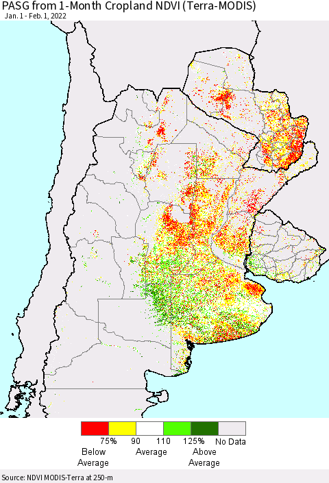 Southern South America PASG from 1-Month Cropland NDVI (Terra-MODIS) Thematic Map For 1/25/2022 - 2/1/2022