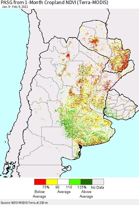 Southern South America PASG from 1-Month Cropland NDVI (Terra-MODIS) Thematic Map For 2/2/2022 - 2/9/2022