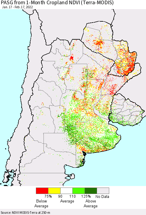 Southern South America PASG from 1-Month Cropland NDVI (Terra-MODIS) Thematic Map For 2/10/2022 - 2/17/2022