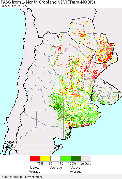 Southern South America PASG from 1-Month Cropland NDVI (Terra-MODIS) Thematic Map For 2/18/2022 - 2/25/2022