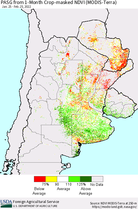 Southern South America PASG from 1-Month Cropland NDVI (Terra-MODIS) Thematic Map For 2/21/2022 - 2/28/2022