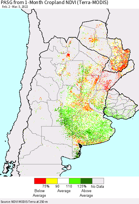 Southern South America PASG from 1-Month Cropland NDVI (Terra-MODIS) Thematic Map For 2/26/2022 - 3/5/2022