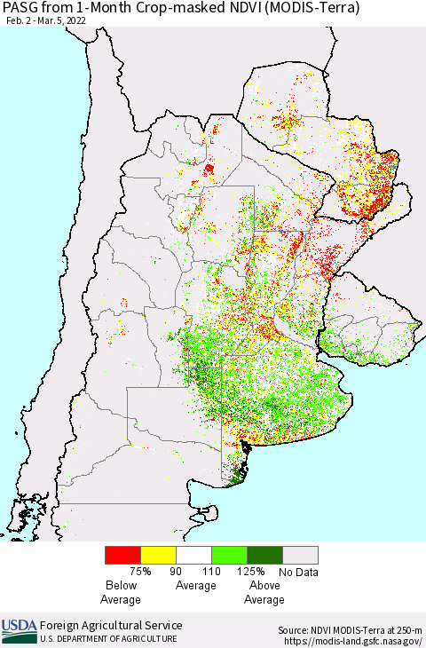 Southern South America PASG from 1-Month Cropland NDVI (Terra-MODIS) Thematic Map For 3/1/2022 - 3/10/2022