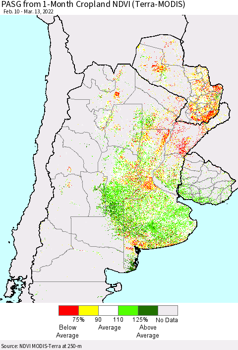 Southern South America PASG from 1-Month Cropland NDVI (Terra-MODIS) Thematic Map For 3/6/2022 - 3/13/2022