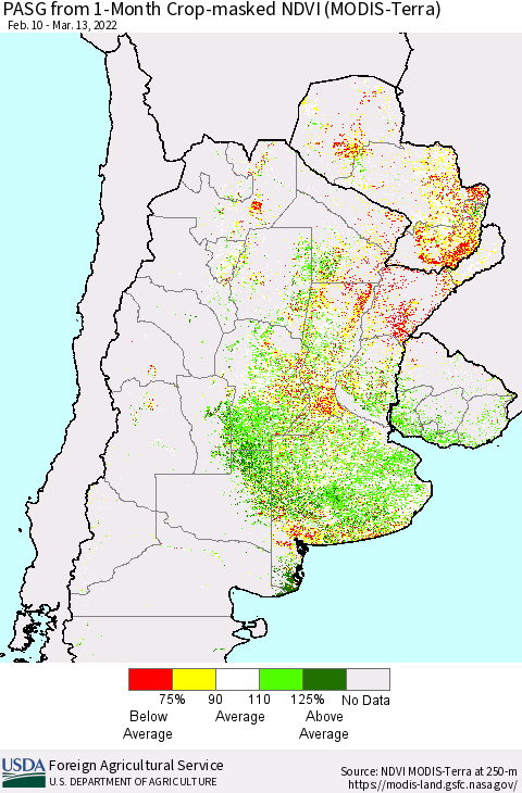 Southern South America PASG from 1-Month Cropland NDVI (Terra-MODIS) Thematic Map For 3/11/2022 - 3/20/2022